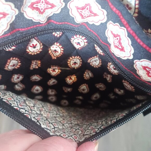 Boho Chic Black & White Cotton Crossbody Bag With Red Accents Zipper Pocket Adju - Picture 5 of 7